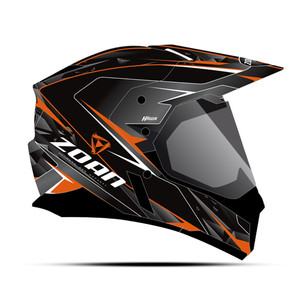 Lightweight thermoplastic composite construction shell for added strength<br>Advanced EPS in head, cheek and front areas<br>Scratch resistant smoke-tint color inner sun shield, hard-coated with special anti-fog treatment<br>Large, open eye port design for maximum visibility - accommodates many styles of goggles<br>Hypo-allergenic textile materials wick away moisture and odor<br>Combination of fourteen intake and exhaust vents located to enhance airflow and movement<br>Removable cheek pads and comfort liner for easy cleaning and washing<br>Inner shield removable without tools<br>DOT FMVSS-218 and ECE-22-05P safety approved<br>Perfect blend of leading innovations and superior workmanship<br>Manufactured to offer high value and everlasting reliability<br>Strict quality control ensures conformance to safety standards<br><br><br>  Synchrony Street Hawk Graphic Dual Sport Helmet (521-583) by ZOAN®. The Synchrony Duo Sport is a full face street, offroad helmet that is packed with great features like an inner sun shield, great ventilation and a large, open eye port design for maximum visibility.<br><br>  Synchrony Dual Sport Helmet<br>Removable chin curtain<br>Fabric helmet bag<br>