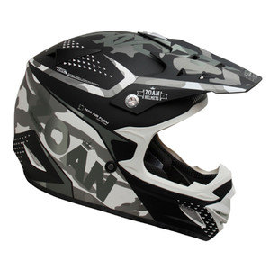Lightweight thermoplastic composite construction<br>Advanced EPS in head, cheeks, and frontal areas<br>High quality textile materials to wick away moisture and reduce odors<br>Modern design, large opening eye port for maximum visibility - accommodates many different style goggles<br>Combination of fourteen intake and exhaust vents located to enhance air movement<br>Removable cheek pads and comfort liner for easy cleaning and washing<br>DOT FMVSS-218 and ECE-22-05/P safety approved<br>Perfect blend of leading innovations and superior workmanship<br>Manufactured to offer high value and everlasting reliability<br>Strict quality control ensures conformance to safety standards<br><br><br>  MX-1 Sniper Graphic Off-Road Helmet (021-593) by ZOAN®. The MX-1 from Zoan is a stylish modular helmet with plenty of ventilation and a modern design with large opening eye port to fit many styles of goggles. Helmets are constructed using high quality materials such as polycarbonate and/or Fiber Glass mix with special cold weather and paint curing additives as well as UV protection to insure durability and the best in protection.<br><br>  MX-1 Dirt Bike Helmet<br>Fabric helmet bag<br>