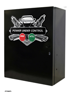 <p>NGK SPARK PLUG STORAGE CABINET (18"W X 23"H X 8"D) * 4 shelves (5 compartments) with door sleeve for catalogs * Black enamel with NGK logo * Soft-strip magnetic door closure * Wall mountable</p>