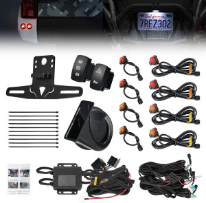 Can-Am Commander / Defender / Maverick 4 Amber & 4 Red Round Turn Signal Light Kit with Horn & License Plate Holder - Kemimoto