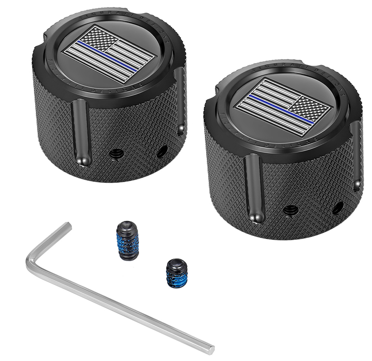 Figurati Designs - Front Axle Nut Cover - Stainless Steel - Black w/Blue Line Flag - Front Axle Nut Cover - FD71-FAC-BK