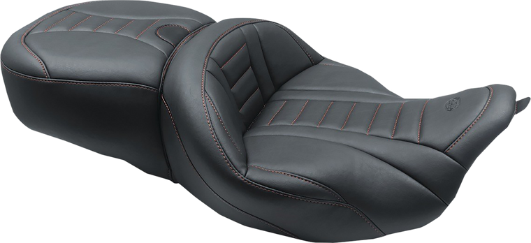 Mustang - One-Piece Deluxe Touring Seat - Black w/ American Beauty Red Stitching - One-Piece Deluxe Touring Seat With Removable Backrest Option - 79006AB