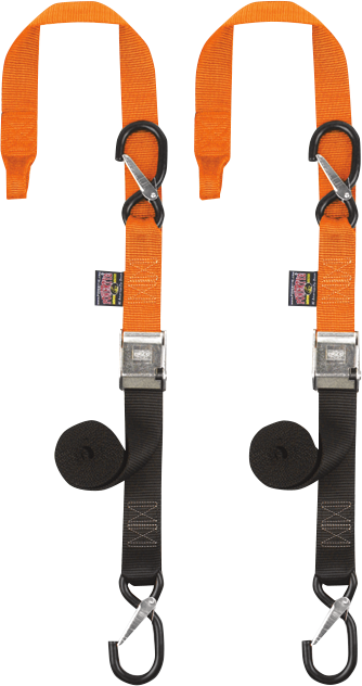 Powertye Mfg. - Cam Tie-Downs - 1-1/2" x 6-1/2' - Orange/Black - 1-1/2" Cam-Buckle with Safety-Latch Hooks and Soft-Tye - 29629-S
