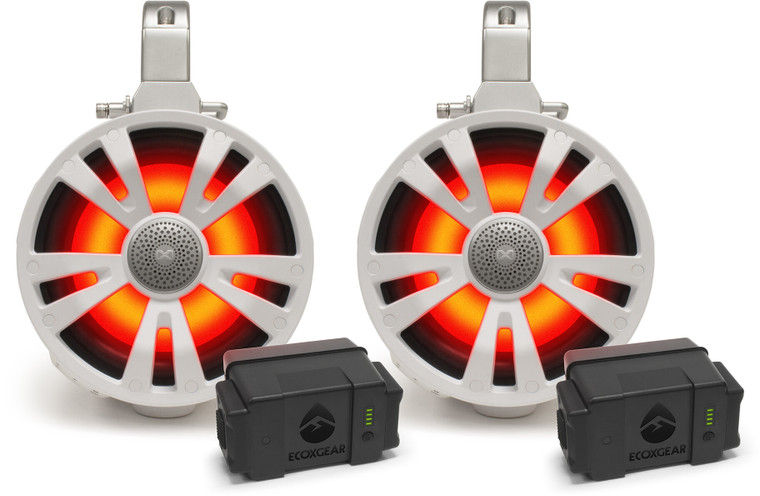 Ecoxgear - 2-pack White 8' Speakers Two Amplified + Two Batteries - SEI-ETAMPBAT7708