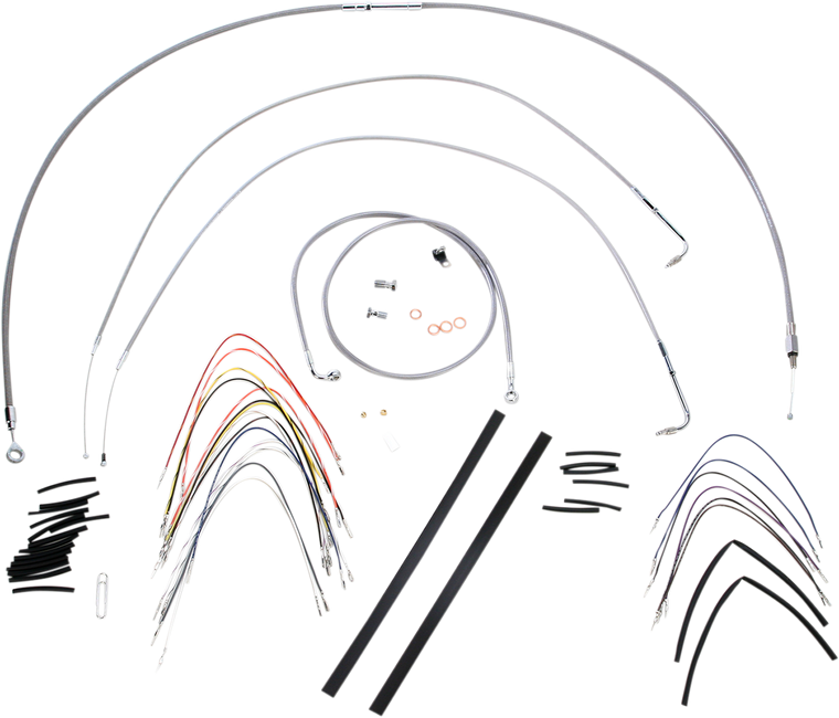 Burly Brand - Handlebar Cable/Brake Line Kit - Complete - 14" Ape Hanger Handlebars - Stainless Steel - Complete Stainless Braided Handlebar Cable/Brake Line Kit - B30-1050