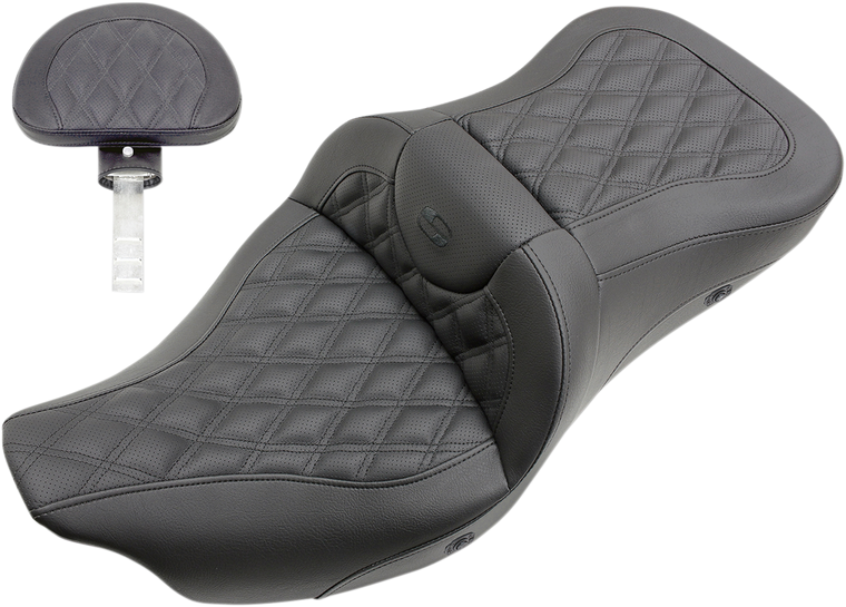 Saddlemen - Roadsofa Seat - with Backrest - Full Lattice Stitch - Heated - '08-'23 FLH/FLT - Heated Roadsofa Lattice Stitched Seat - 808-07B-182BRHC