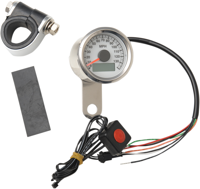 Drag Specialties - 1.87" MPH Programmable Mini Electronic Speedometer with Odometer/Tripmeter - Polished - White Face - Programmable Mini Electronic Speedometer with Odometer/Tripmeter - 21-6899WNU