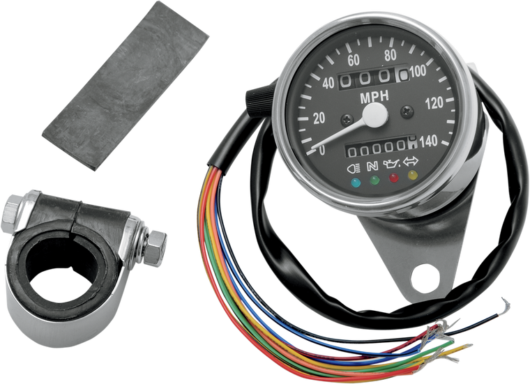 Drag Specialties - MPH Mini Mechanical Speedometer with LED Indicators - Black Face - 2:1 Ratio - 2.4" - 2.4" Mini Mechanical Speedometer with LED Indicators - 21-6838LEDPB