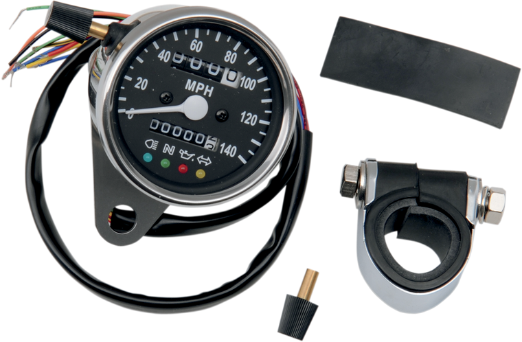 Drag Specialties - MPH Mini Mechanical Speedometer with LED Indicators - Black Face - 2240:60 Ratio - 2.4" - 2.4" Mini Mechanical Speedometer with LED Indicators - 21-6840LEDPB