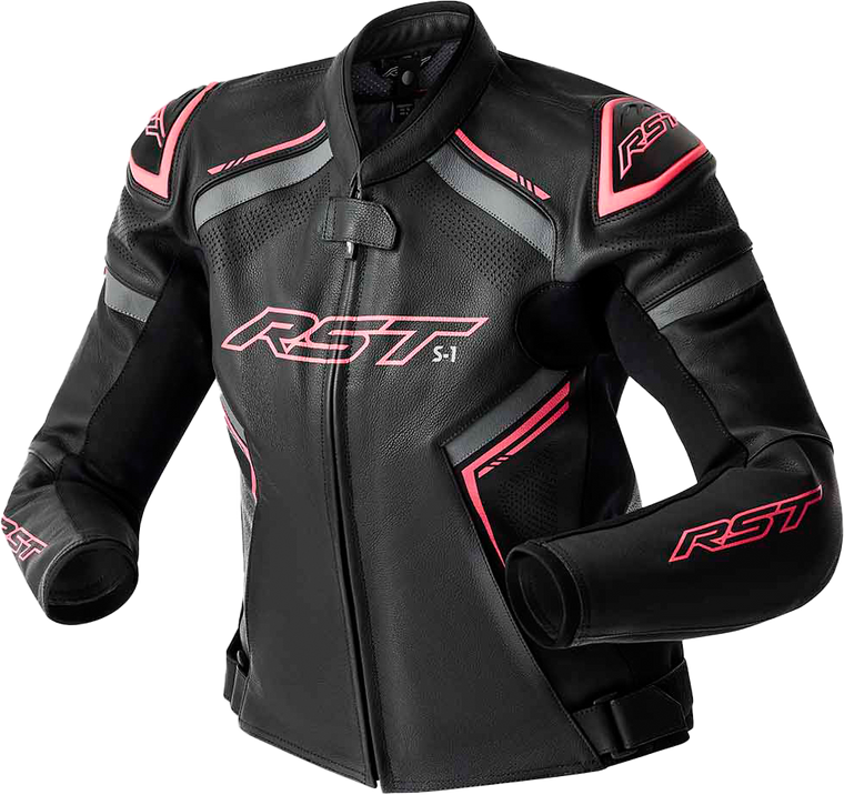 Rst - S1 D3o Leather Ladies Jacket Blk/flo Pink 3xl - 103626PNK-20