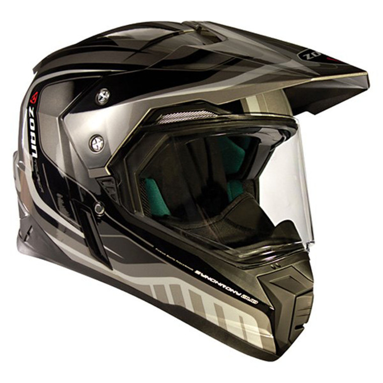 Lightweight thermoplastic composite construction shell for added strength<br>Advanced EPS in head, cheek and front areas<br>Scratch resistant smoke-tint color inner sun shield, hard-coated with special anti-fog treatment<br>Large, open eye port design for maximum visibility - accommodates many styles of goggles<br>Hypo-allergenic textile materials wick away moisture and odor<br>Combination of fourteen intake and exhaust vents located to enhance airflow and movement<br>Removable cheek pads and comfort liner for easy cleaning and washing<br>Inner shield removable without tools<br>DOT FMVSS-218 and ECE-22-05P safety approved<br>Perfect blend of leading innovations and superior workmanship<br>Manufactured to offer high value and everlasting reliability<br>Strict quality control ensures conformance to safety standards<br><br><br>  Synchrony Street Tourer Graphic Dual Sport Helmet (821-163) by ZOAN®. The Synchrony Duo Sport is a full face street, offroad helmet that is packed with great features like an inner sun shield, great ventilation and a large, open eye port design for maximum visibility.<br><br>  Synchrony Dual Sport Helmet<br>Removable chin curtain<br>Fabric helmet bag<br>