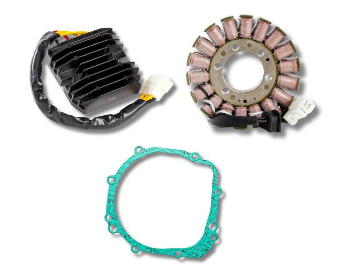 <p>This complete charging kit is designed to make the repair job as easy as possible.&nbsp;</p><p><span style="font-size: 1em;">&nbsp;Kit includes a new stator, new 50amp MOSFET rec/reg &amp; new stator cover gasket</span><br><br></p><p><span style="font-size: 1em;">Replaces OE#:</span><br><span style="font-size: 1em;">Stator: 31401-40F00</span><br><span style="font-size: 1em;">Rec/Reg: 32800-33E10, 32800-33E20</span><br><span style="font-size: 1em;">Gasket: 11483-35F00</span></p><p><br><span style="font-size: 1em;">Suzuki GSXR1000 (01-02)</span></p>