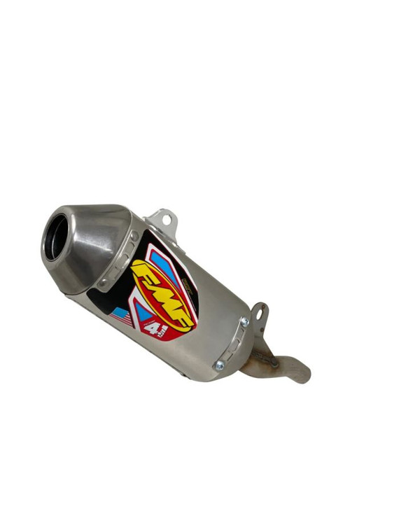 <p><font size="3">The Factory 4.1 RCT incorporates the latest in FMF Resonance Chamber Technology™ both internally and externally. In addition, we achieve a shorter overall length that is less susceptible to crash damage and complementary to our Factory Forward Engineering - moving the muffler closer to the motor to centralize mass. The Factory 4.1 RCT is constructed from only aerospace grade materials that meet our exacting specifications and is manufactured 100% at our Southern California factory.</font></p><p><span style="font-size: medium;">-Available in Natural Aluminum Muffler with Carbon End Cap&nbsp;</span></p><p><span style="font-size: medium;">-Massive Power gains throughout the RPM range.</span></p><p><span style="font-size: medium;">-Huge weight savings</span></p><p><span style="font-size: medium;">-New RTS (Rapid Tuning System)</span></p><p><span style="font-size: medium;">-FMF uses the highest quality proprietary blend of alloy grade titanium made especially to our standards.</span></p><p><span style="font-size: medium;">-Can be used with FMF or Stock OEM Header</span></p>