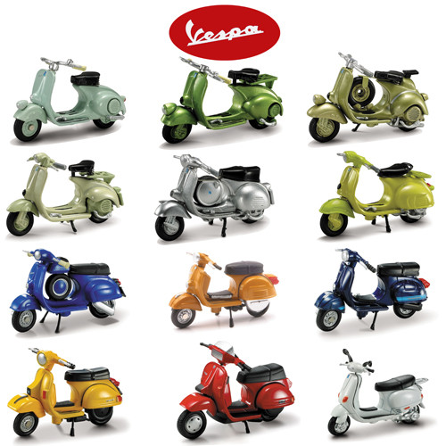 <p>1:32 die cast Vespa Series II - 12 assorted styles</p><p>1946 Vespa 98CC</p><p>1948 Vespa 125</p><p>1952 Vespa 125 6 Giorni</p><p>1953 Vespa 125 U</p><p>1955 Vespa 150 GS</p><p>1960 Vespa 125</p><p>1965 Vespa 90 SS</p><p>1968 Vespa Rally 180</p><p>1976 Vespa 125 ET3</p><p>1978 Vespa P200E</p><p>1985 Vespa T5 Pole Pos.</p><p>1996 Vespa ET4 125</p><p>Please note: contains small parts and may not be suitable for children under 3 years</p>