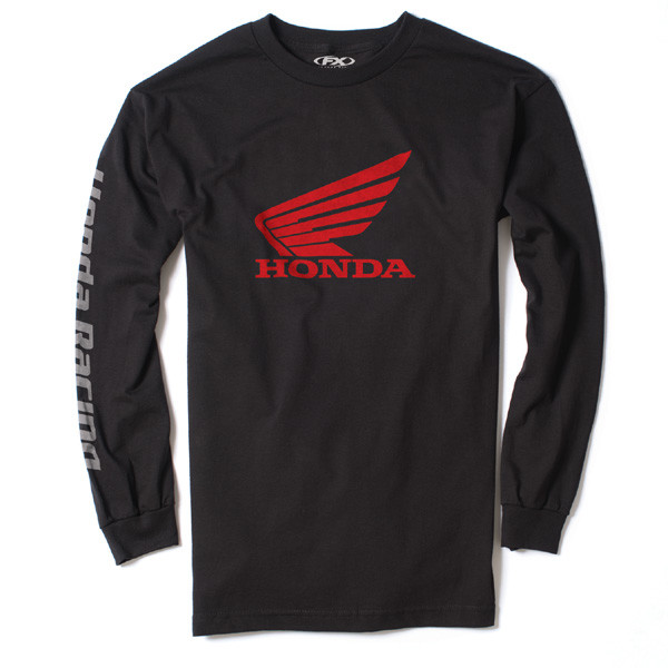 <ul><li>Black</li><li>Men's crew long sleeve shirt</li><li>100% cotton 4.3 oz. combed ring-spun</li><li>Screen printed Honda Wing red logo on the front and Honda Racing gray logo on the rightsleeve</li><li>Official Honda licensed apparel</li></ul>