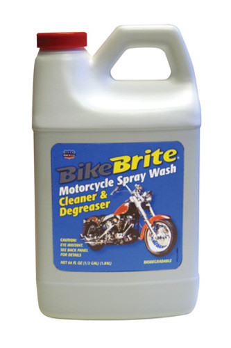 <p>Bike Brite's fantastic triple action formula washes, cleans and degreases from headlight to taillight!</p><p>Specially formulated for motorcycles and motorbikes, Bike Brite has been recommended and approved by leading motorcycle manufacturers</p><p>Biodegradable, non-acid, pH controlled and containing corrosion inhibitors</p><p>Special brighteners help keep rust and grease from forming</p><p>Just spray it on and hose it off</p><p>1/2 gallon / 64 ounce</p>
