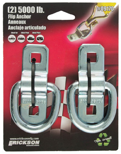 2 bolt anchor plate<br>Bright zinc finish<br>Maximum load of 5,000 pounds<br>3/8 inch welded ring<br>3-1/2 inch long anchor plate