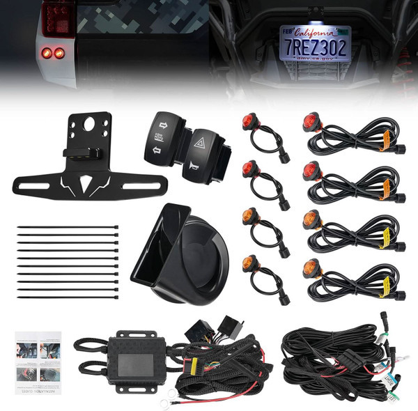 Kawasaki Mule / Teryx 4 Amber & 4 Red Round Turn Signal Light Kit with Horn & License Plate Holder - Kemimoto