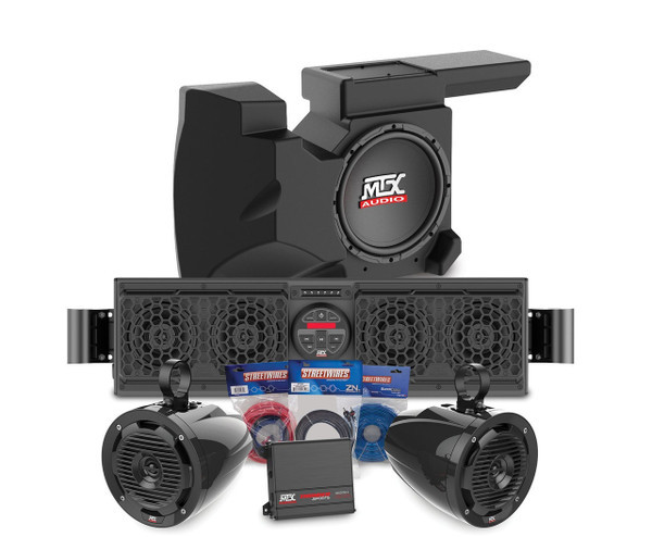Polaris RZR 900 Bluetooth Overhead Audio Sound Bar, 2-Channel Amplifier, 2 Cage Mounted Speakers, And Amplified Subwoofer - MTX Audio