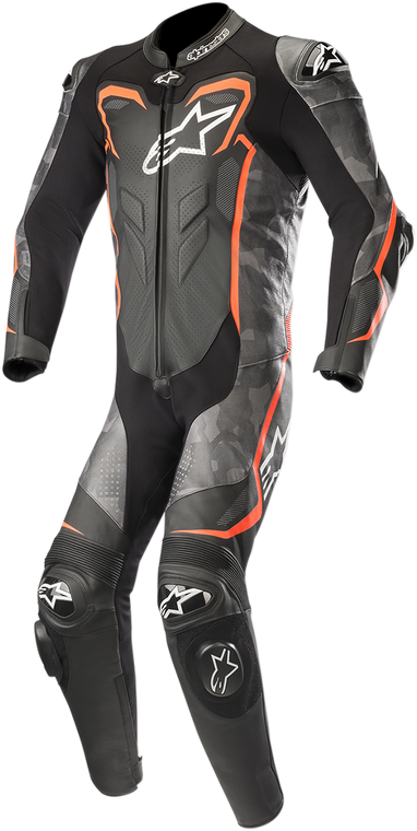 Alpinestars - GP Plus v2 Camo 1-Piece Leather Suit - Black/Charcoal/Red Fluorescent - US 44 / EU 54 - GP Plus Camo 1-Piece Leather Suit - 3150718-994-54