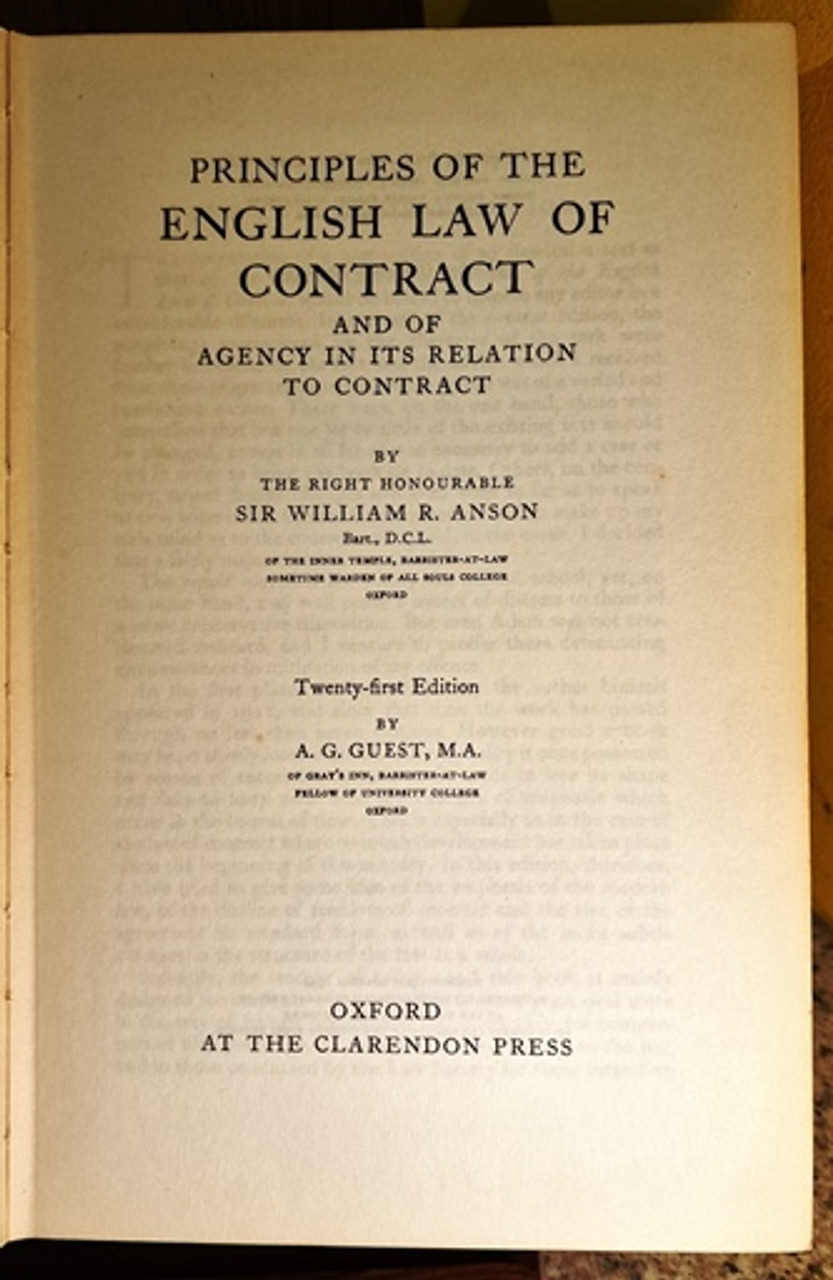 1959 Principles Of The English Law Of Contract by Sir William R. Anson