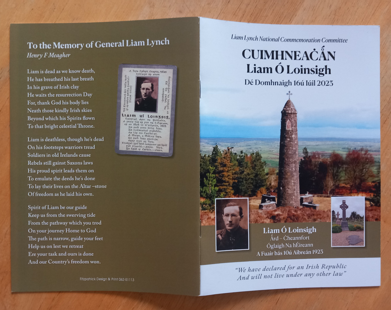 Tom Hennessy - Cuimhneachán Liam Ó Loinsigh : 16th July 2023 ( Liam Lynch Commemorative Booklet )