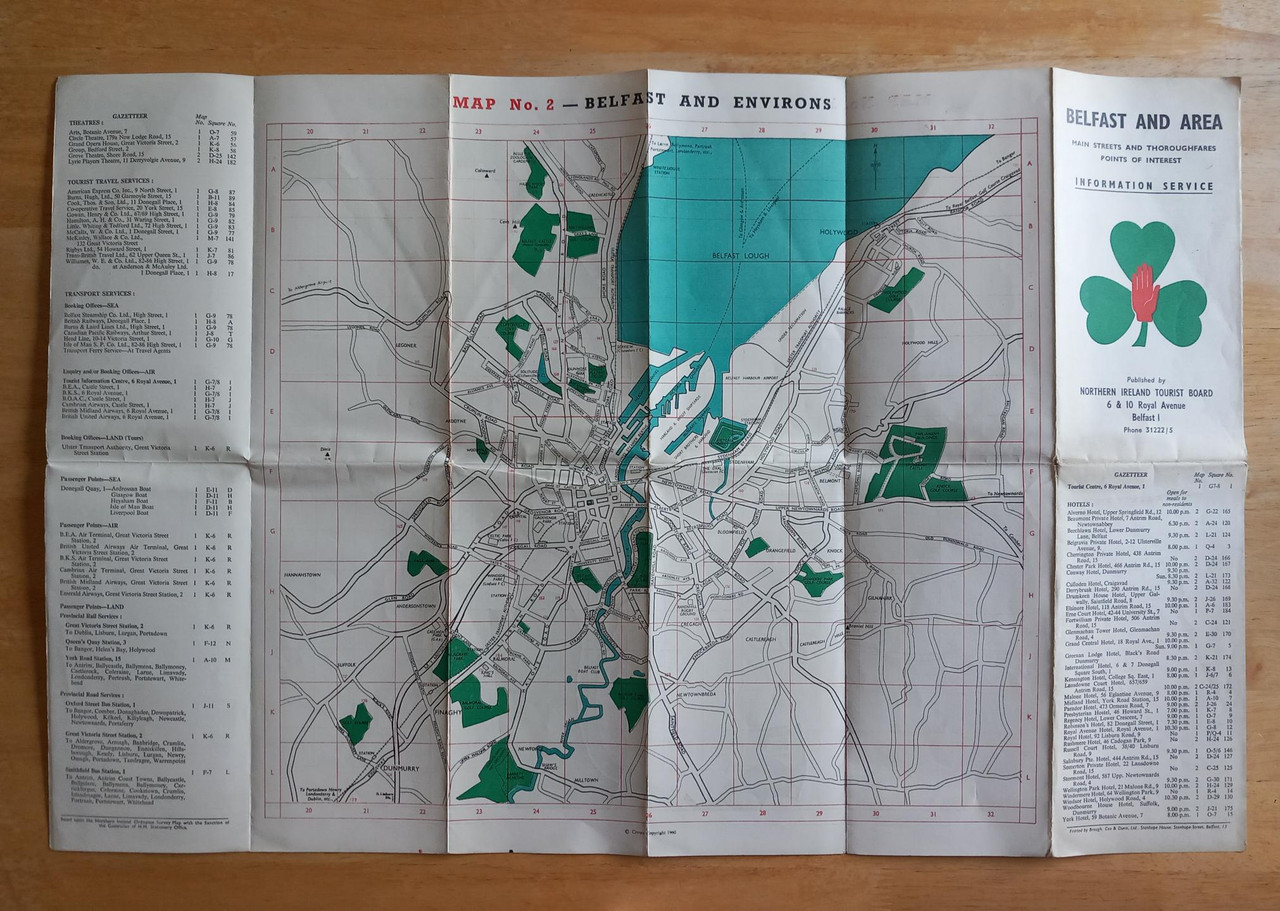 Northern Ireland Tourist Board - Belfast and Area Map ( Dual sided) - c 1960