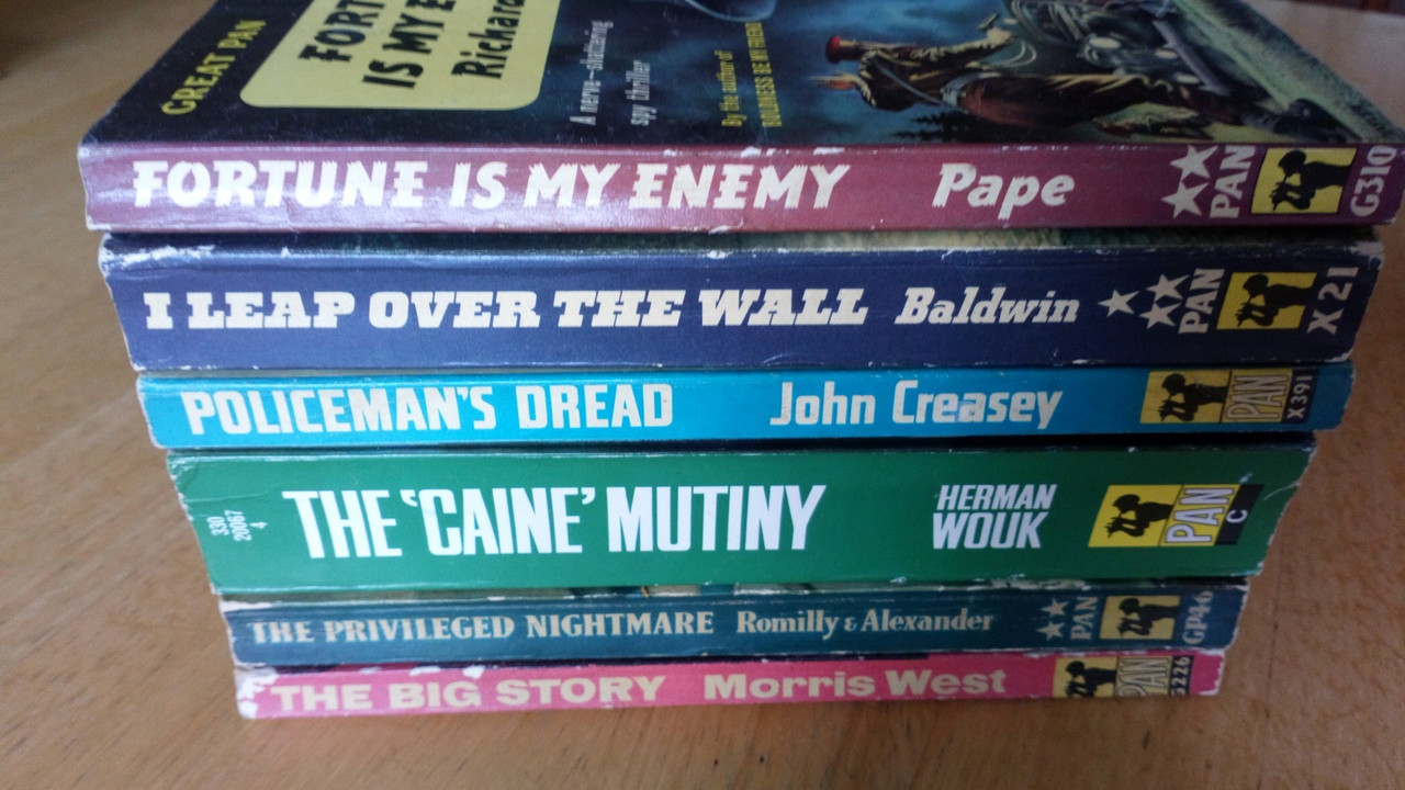 Lot of 6 Vintage Pan Paperbacks - 1950's & 1960's - The Caine Mutiny, The Big Story,  Policeman's Dread, I Leap Over The Wall, Fortune is my Enemy, The Privileged Nightmare