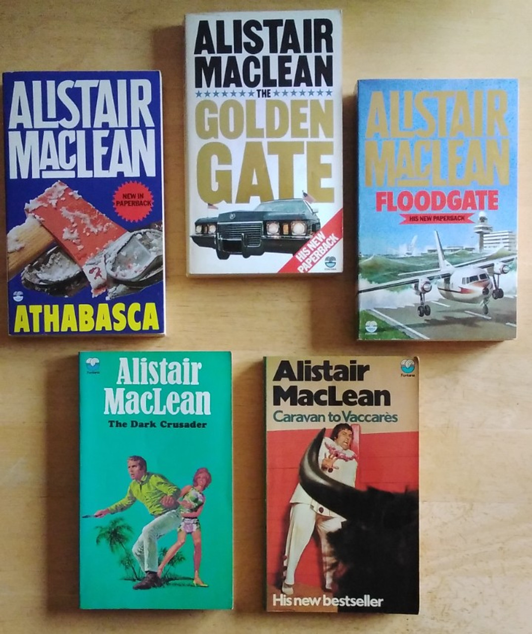 Alistair MacLean- 5 Vintage PB Book Lot - The Dark Crusader, Caravan to Vaccares, The Golden Gate, Floodgate, Athabasca - Fontana PB