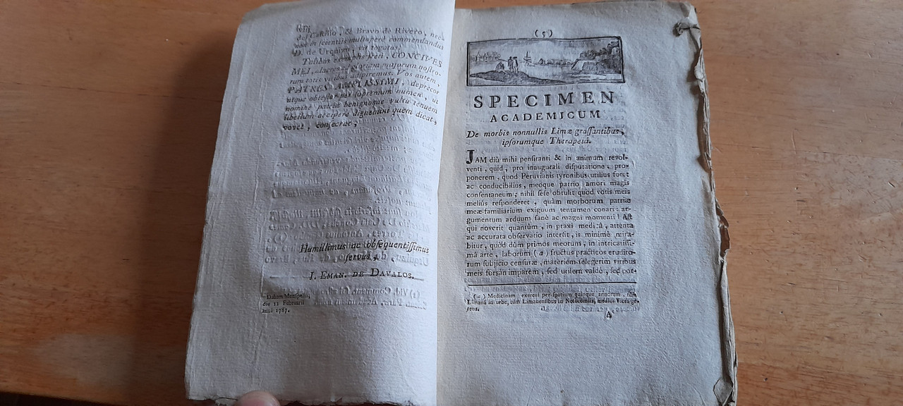 Davalos, Jose Manuel de - Specimen Academicum de Morbis nonullis Limae Grassantibus ipsorumque Therapeia - Montpelier, France, 1787 - Peru - Medical History
