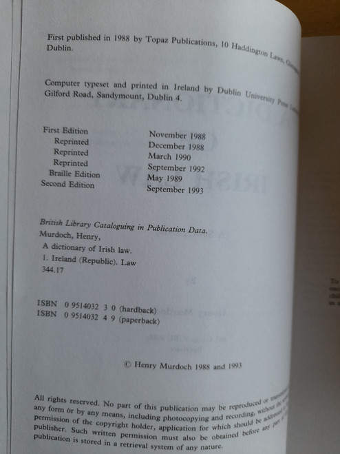Murdoch, Henry - A Dictionary of Irish Law - HB 2nd Edition 1993 