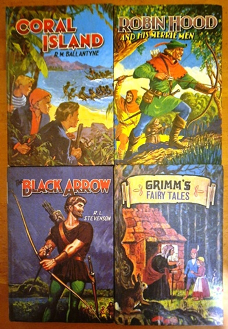 Dean & Son /  Vintage Classics : R.L. Stevenson - The Black Arrow,   Grimm's Fairy Tales,  R.M. Ballantyne - Coral Island,  Robin Hood and his Merrie Men (4 Vintage Hardback Book Collection)