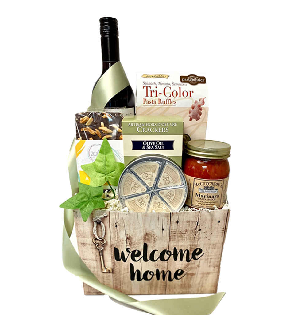Congratulation on a new home purchase. A perfect move in meal ready to prepare on move in day.  Your gift includes pasta, crackers, pasta sauce,  cheese and chocolates.  A bottle of red to complement your meal.