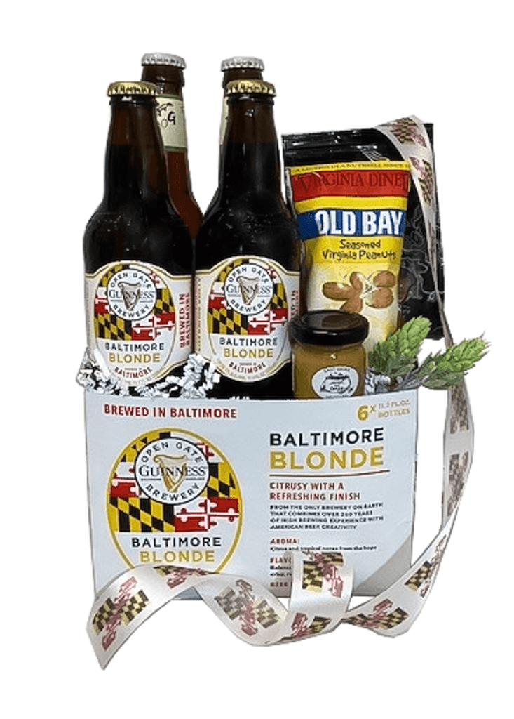 The Maryland Beer Sampler created in a beer caddy is filled with 4 Maryland beers, East Shore dipping pretzels with Dipping Mustard, Old Bay Peanuts. It is sure to delight the beer lover in your life! Your gift will be wrapped in a clear cello with a coordinating tie bow.