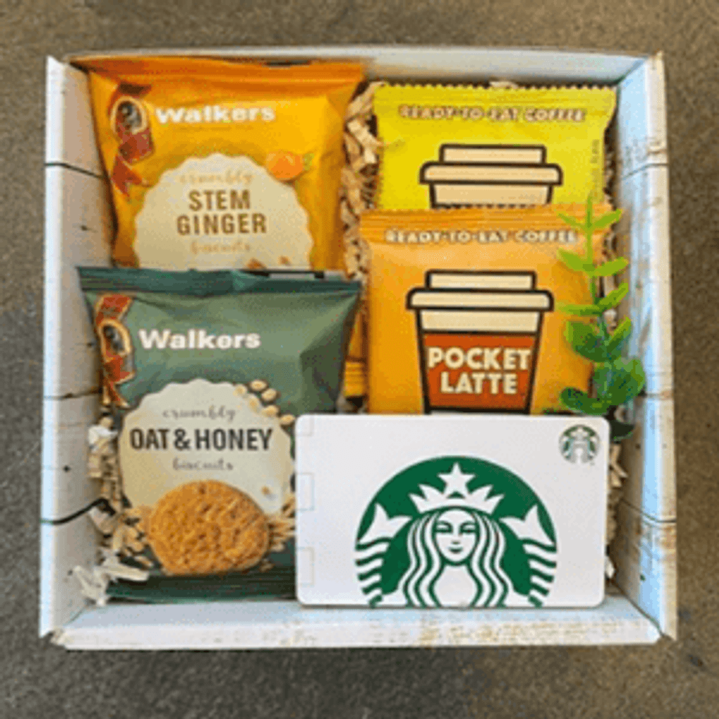 Employee appreciate gift they will love.  Perfect for remote employees or desk drop.  Your gift includes Assorted Cookies, 2 Pocket Latte Chocolate and a $10 Starbucks® Card.