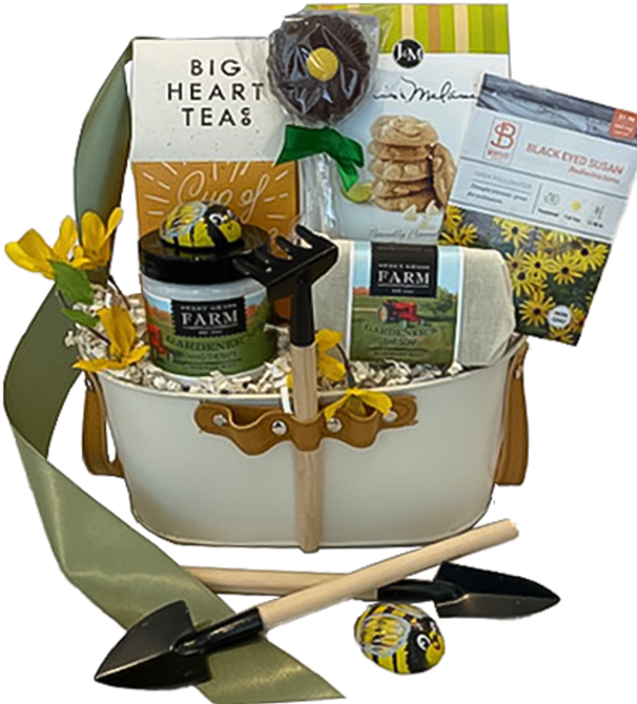 We have created this basket for all the 'Big Hearted' Garden Lovers out there.   Includes a box of Big Heart Teas, cookies, Maryland's favorite flower the Black Eyed Susan seed packet, Gardener's natural hand therapy cream and bar soap for those hard working hands.  Both soap and lotion created with all natural ingredients, olive, coconut and vegetable oils. Your gift will also include bumble bee chocolate in a gardeners tool caddy tin, wrapped in a clear cello with a coordinating tie bow.