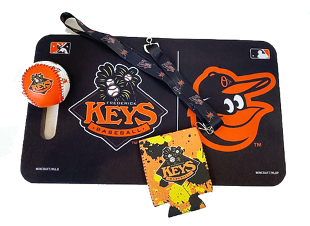 Frederick Keys Baseball merchandise, Logoed Baseball, Seat Cushion, Lanyard, Koozie and Game Schedule.