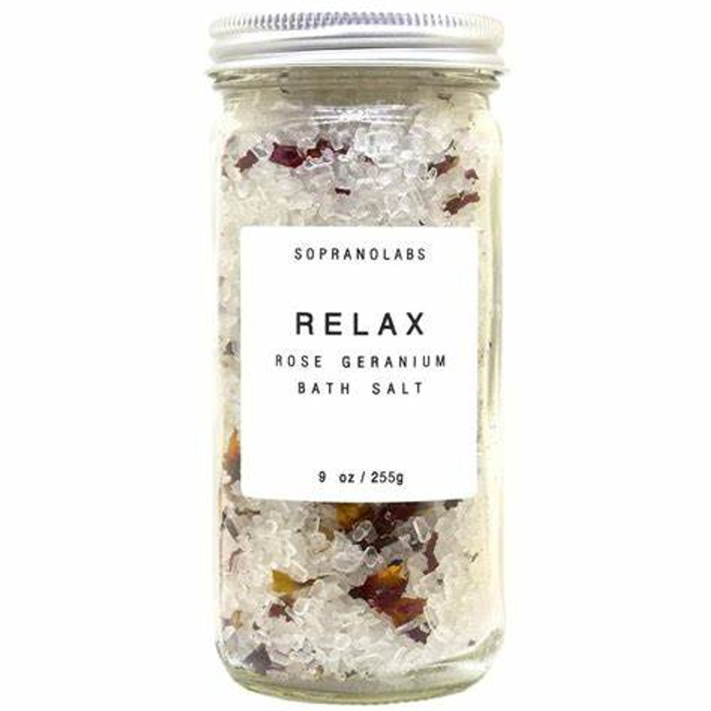 Relax Bath Salt is a luxurious bath soak made with four salt varieties and rose petals. The truly soothing and relaxing blend of floral Rose Geranium and Palmarosa Essential Oils relaxes mind and body. Epsom salt aids in calming muscles and eliminating toxins. Bathing in Dead Sea Salts encourages dermal absorption of minerals and stimulates blood circulation.

Natural plant essential oils provide a safe, subtle fragrance without chemical enhancers. INGREDIENTS: Dead Sea Salt, Mediterranean Sea Salt, Epsom Salt (Magnesium Sulfate), Sea Salt (Sodium Chloride), Pelargonium roseum x asperum (Rose Geranium) Oil, Cymbopogon martinii var motia (Palmarosa) Oil, Rosa Centrifolia (Rose) Flower.
One glass jar of 8 Oz (227 g) Roses infused Relax Bath Salt with aluminum cap top.