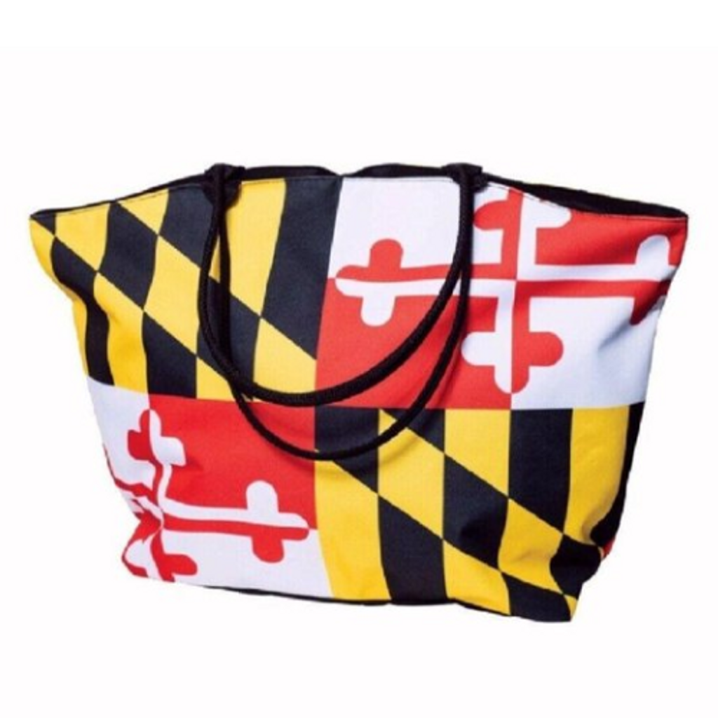 This Maryland Flag Large Tote Bag is perfect for carrying your towels, sunglasses, and all your accessories for a day at the beach. Or to carry snacks and camping accessories to the woods. 100% Polyester with Interior Lining Interior Zipper Pocket Size: 20.9" (W) x 7.3" (D) x 14.2" (H).