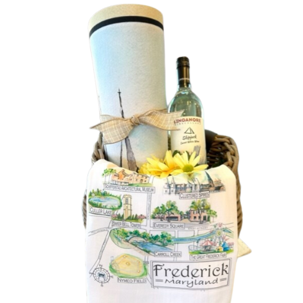 Welcome to Frederick Maryland, a perfect moving in or welcome gift for the new home owner.  Designed in a Nantucket bicycle style woven wicker basket with adjustable staples, this basket can be used as a welcoming door arrangement or as a bicycle basket.  Your gift includes a Frederick Spires Door Mat, a Frederick themed hand towel and a bottle of Frederick County wine by Linganore Wine Cellars.  The gift basket will be wrapped in a clear cello with a coordinating tie bow.