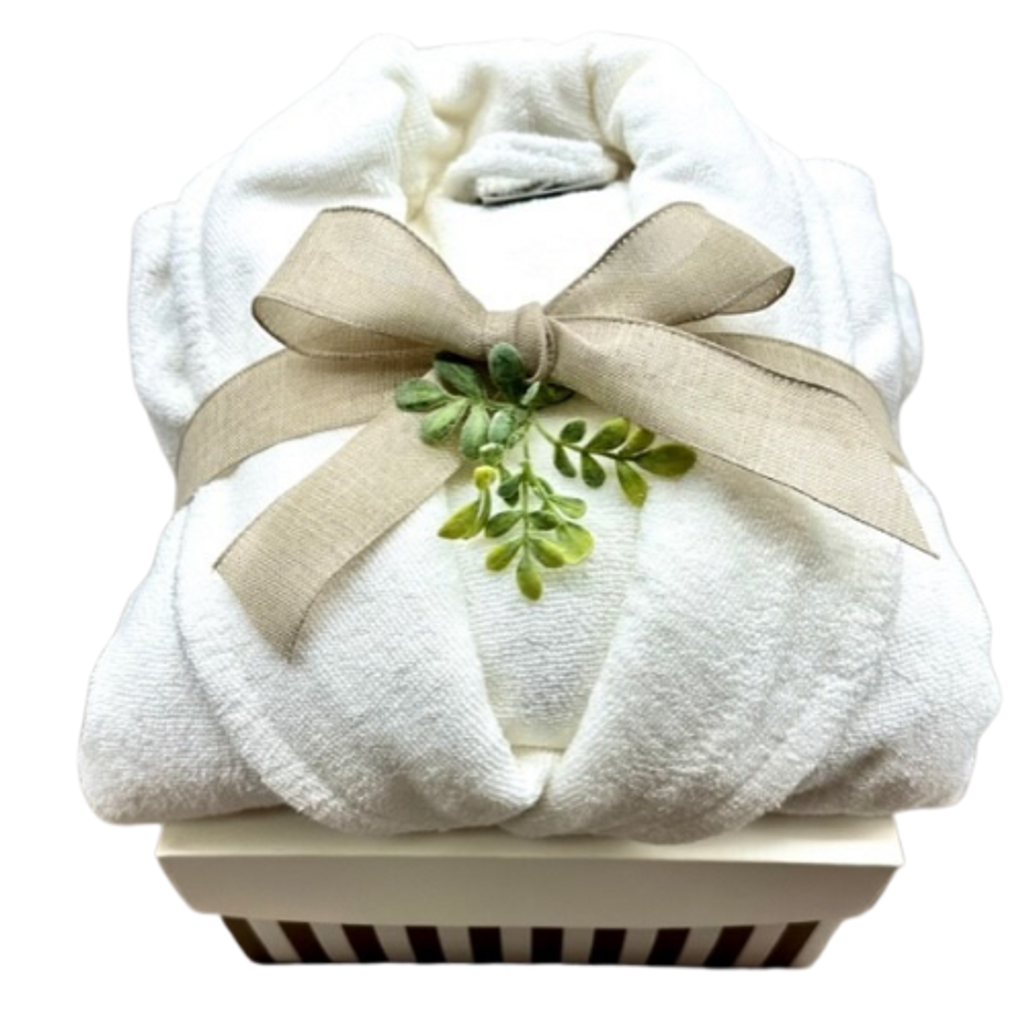 Send that someone special this gift box to help them through a hard day.  Your gift includes Royal Treatment Teas with locally sourced honey, a 16oz White Dot Mud Pie Mug, Almond Biscotti, a Soap Box Hero Splash Proof Speaker, Renew Bath Salts, Shea Butter Moistening Hand Cream, and a Ultra Soft, 100% Turkish Cotton Robe.  Your gift contents will be boxed in a gourmet gift box with the robe hand placed and bow tied on the lid.