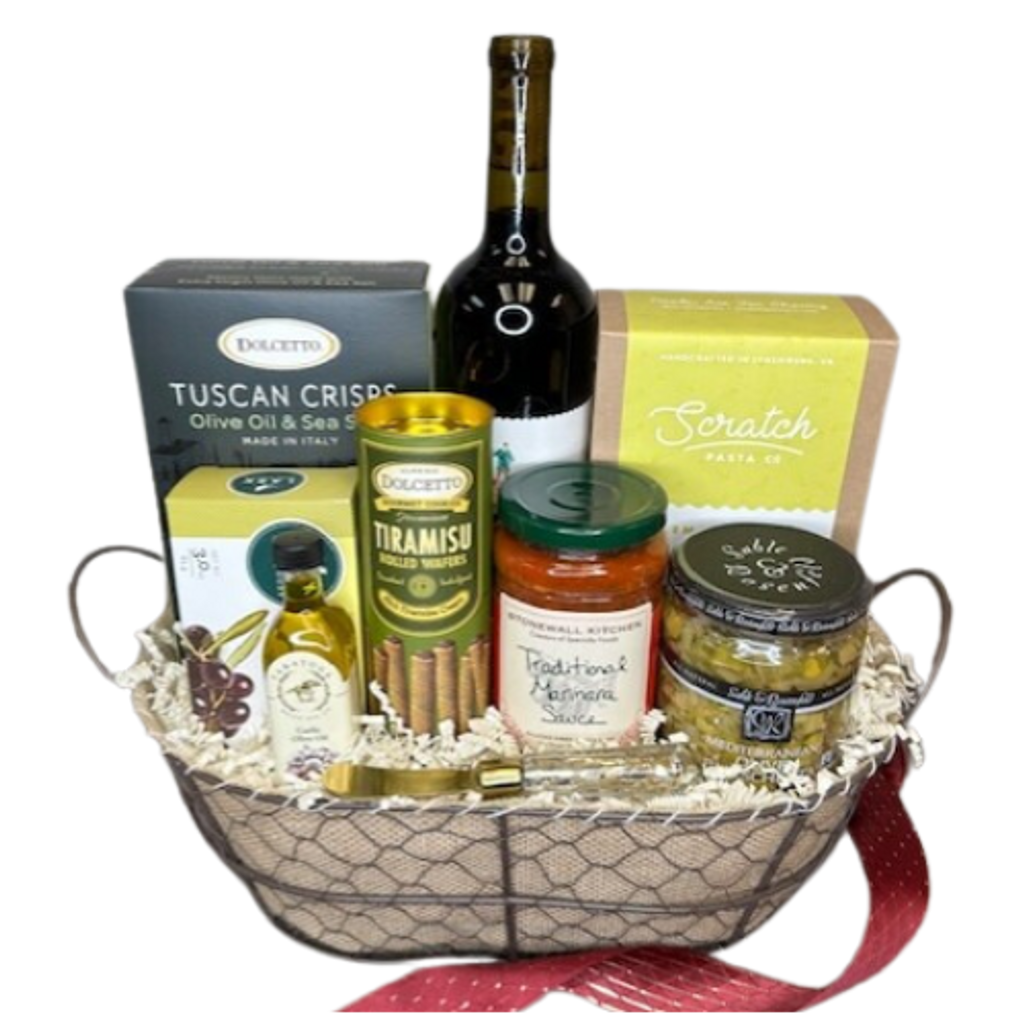 Enjoy an Italian pasta night.  This gift basket includes everything you need to enjoy a dinner in, a bottle of red wine, handcrafted pasta, olive oil & sea salt crackers, olive biscuits, Mediterranean bruschetta with spreader, Stonewall Kitchen pasta sauce, Olive Oil, and rich tiramisu wafers for dessert. Your gift will be wrapped in a clear cello with a festive tie bow.