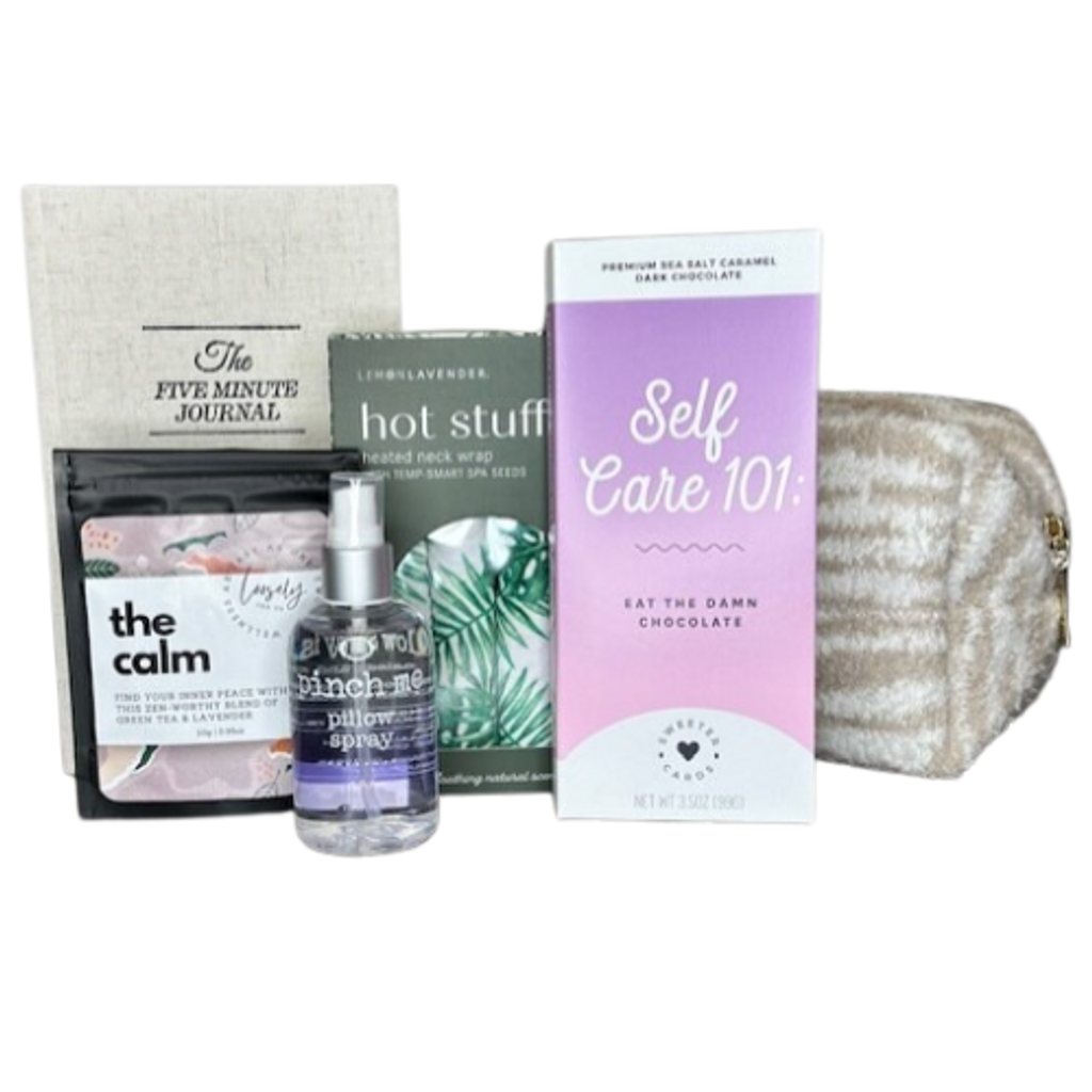 Created in a timeless Chenille case with lining and zipper enclosure, measures 5"x9". Encludes calming loose tea, hot stuff neck wrap, sea salt dark chocolate self care bar, pillow spray and  The Five Minute Journal’s  - approachable and structured exercises will lead you down a path toward an enhanced version of the person you already are.