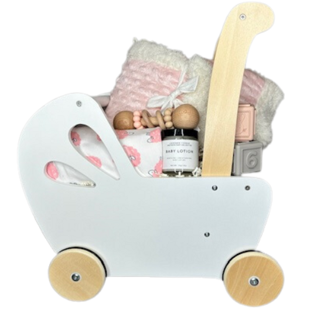 Created in a push toy stroller was designed in the same shape as a traditional classic Pram. Keep your baby moving after taking their first steps. Includes a Sherpa Blanket, receiving blanket, silicone beech wood rattle, organic shea butter everyday baby lotion, and a set of silicone baby blocks.