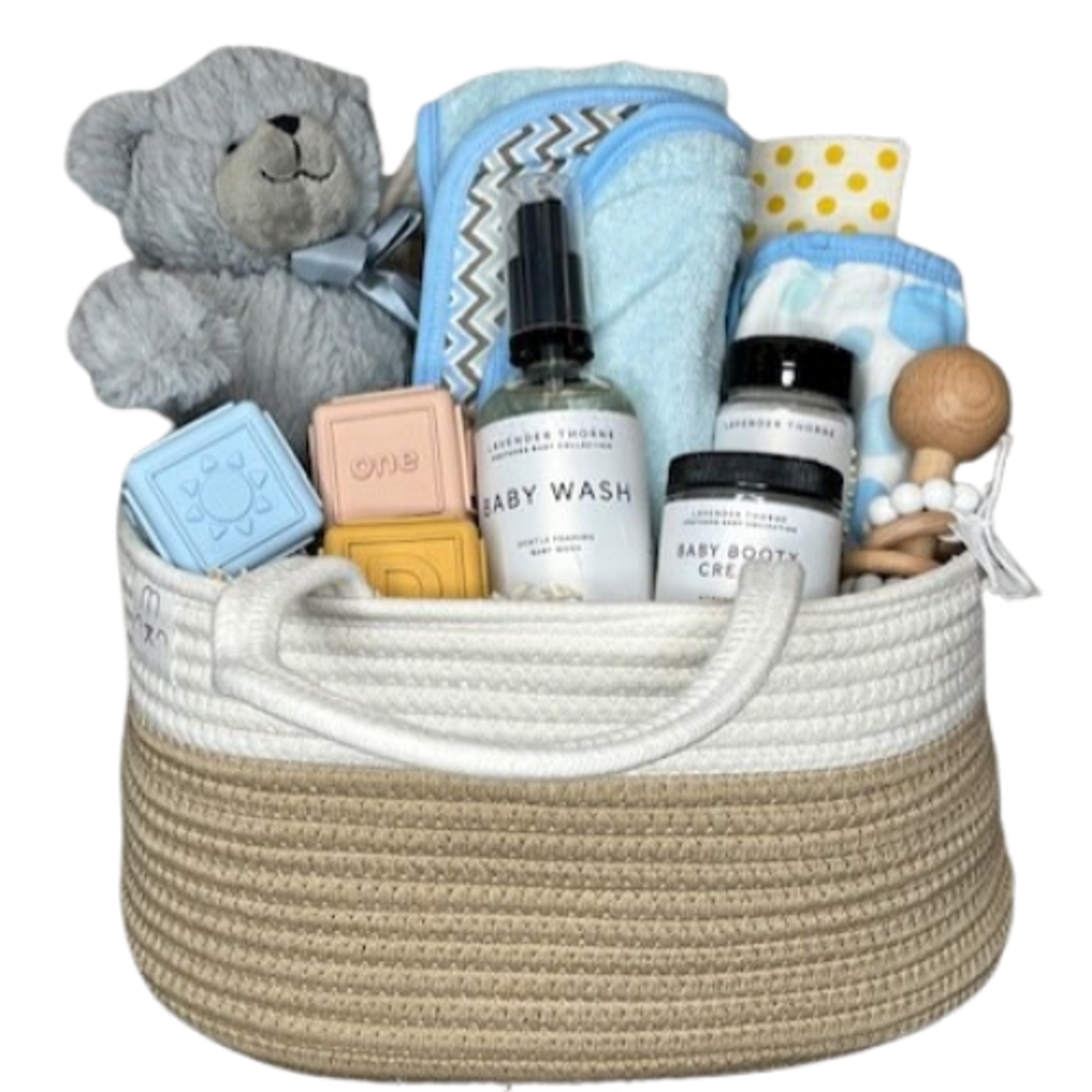 Help the new parents keep organized with this Rope Diaper Caddy Organizer. Your gift filled with hooded terry cloth towel set, organic washcloth, Organic raw shea butter baby booty cream, baby wash and sweet cheeks body powder, silicon and beech wood rattle, block set and plush teddy bear.