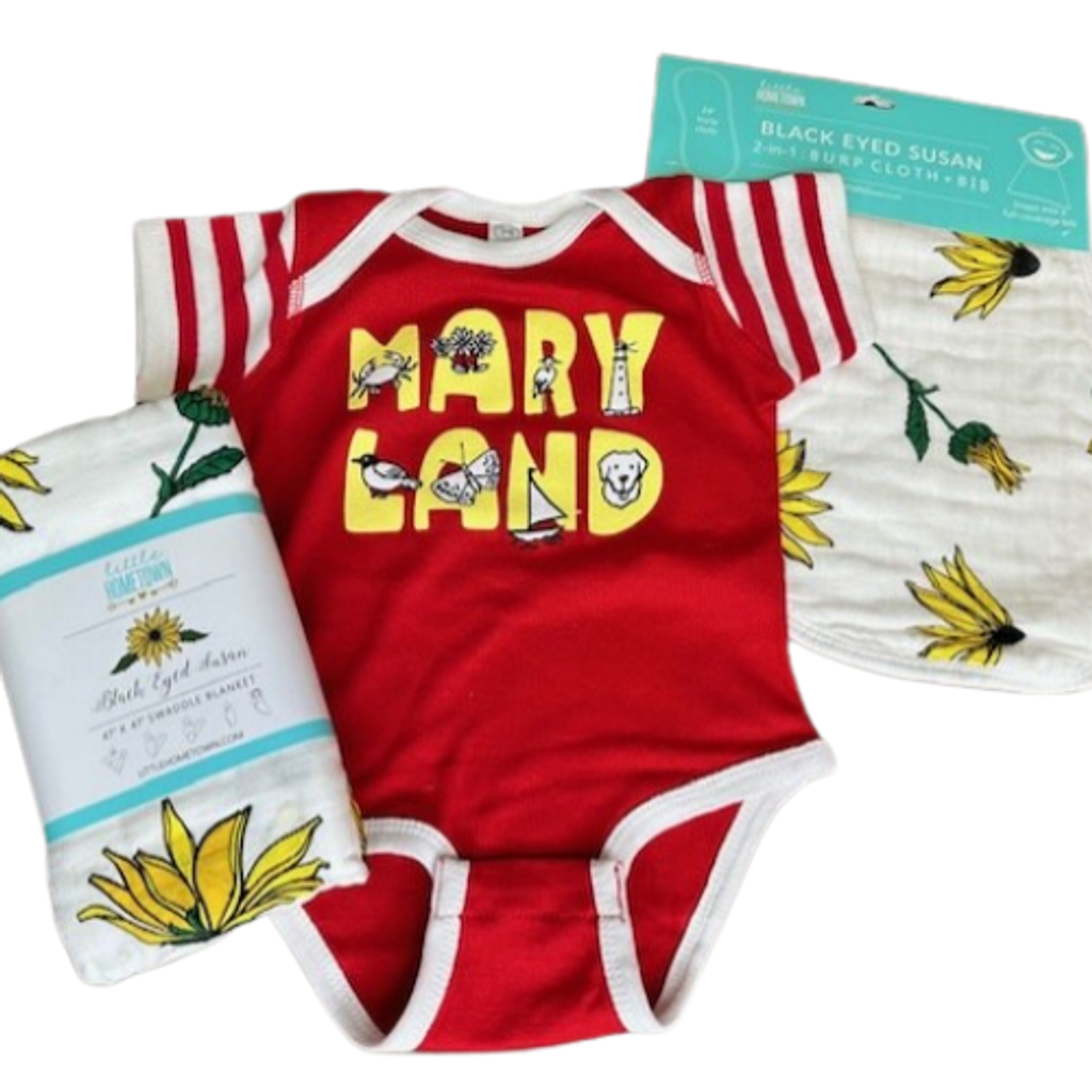 Celebrate the new little one with a little state pride.  Your gift set includes a Maryland onsies (12mo), a Maryland themed Swaddle Blanket, and a 2-in-1 Burp Cloth + Bib.