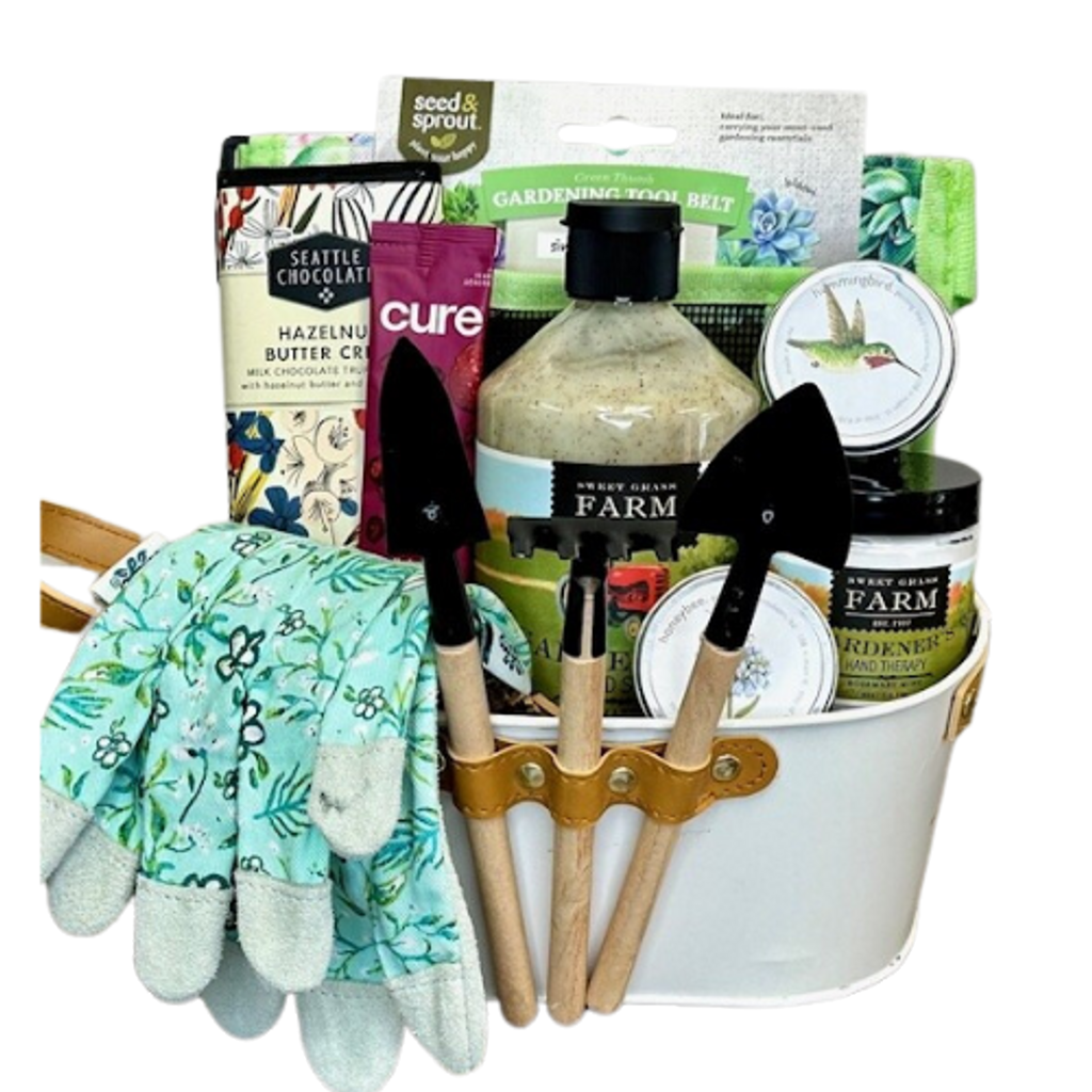 Perfect gift for the gardening enthusiast. This gift features a durable canvas, adjustable tool belt with mesh pockets, D-ring and utility loop to perfectly fit hand tools, seed packets, twine and small items. Along with the gardening belt, your gift includes a pair of gloves, 2 assorted seed packets, a hazelnut butter cream chocolate bar, CURE hydrating electrolyte drink mix, Gardener's Hand scrub and Hand Therapy Cream. Created in a unique metal planter with decorative gardening tools.