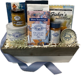 Savor the Flavors of the Chesapeake Bay.  Your Maryland Themed Gift will be filled with Seashell Chocolates, Salt Water Taffy, Cheese Crisps, Seasoned Pretzels, Dipping Mustard, Sea Salt Nuts, Crab Cake Mix, Chesapeake Bay Seasoning Shaker and a Blue Crab Condiment Bowl. Wrapped in a Clear Cello with a Festive Pom Bow.