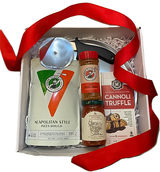 This pizza making gift set makes a great care package for students, new parents or a new home owner. One of our best sellers!  Your gift box will include a pizza pan, cutter, dough, sauce, pizza seasonings and an italian dessert bar.