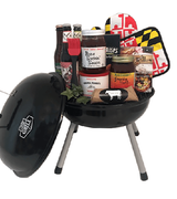 Grill like a Pro! Great gift set for Birthday, Anniversary, or Father’s Day.  This portable grill is ready to go anywhere, tailgating, camping, picnicking.  Filled with a variety of craft beers, BBQ sauces, nuts, sausage, dips, cheese crisps, a basting brush and Maryland mitt set.